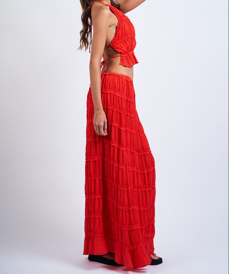 Crinkle Maxi Skirt- Tomato