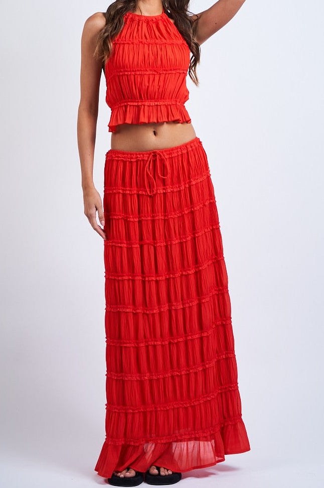 Crinkle Maxi Skirt- Tomato