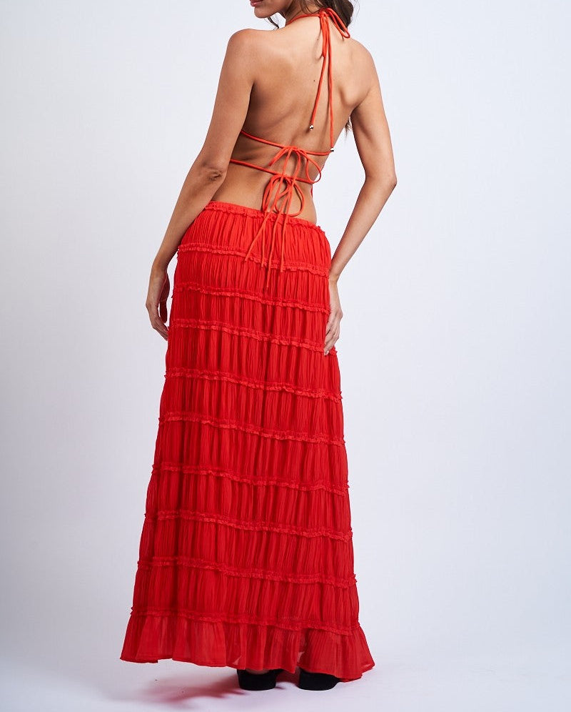 Crinkle Maxi Skirt- Tomato