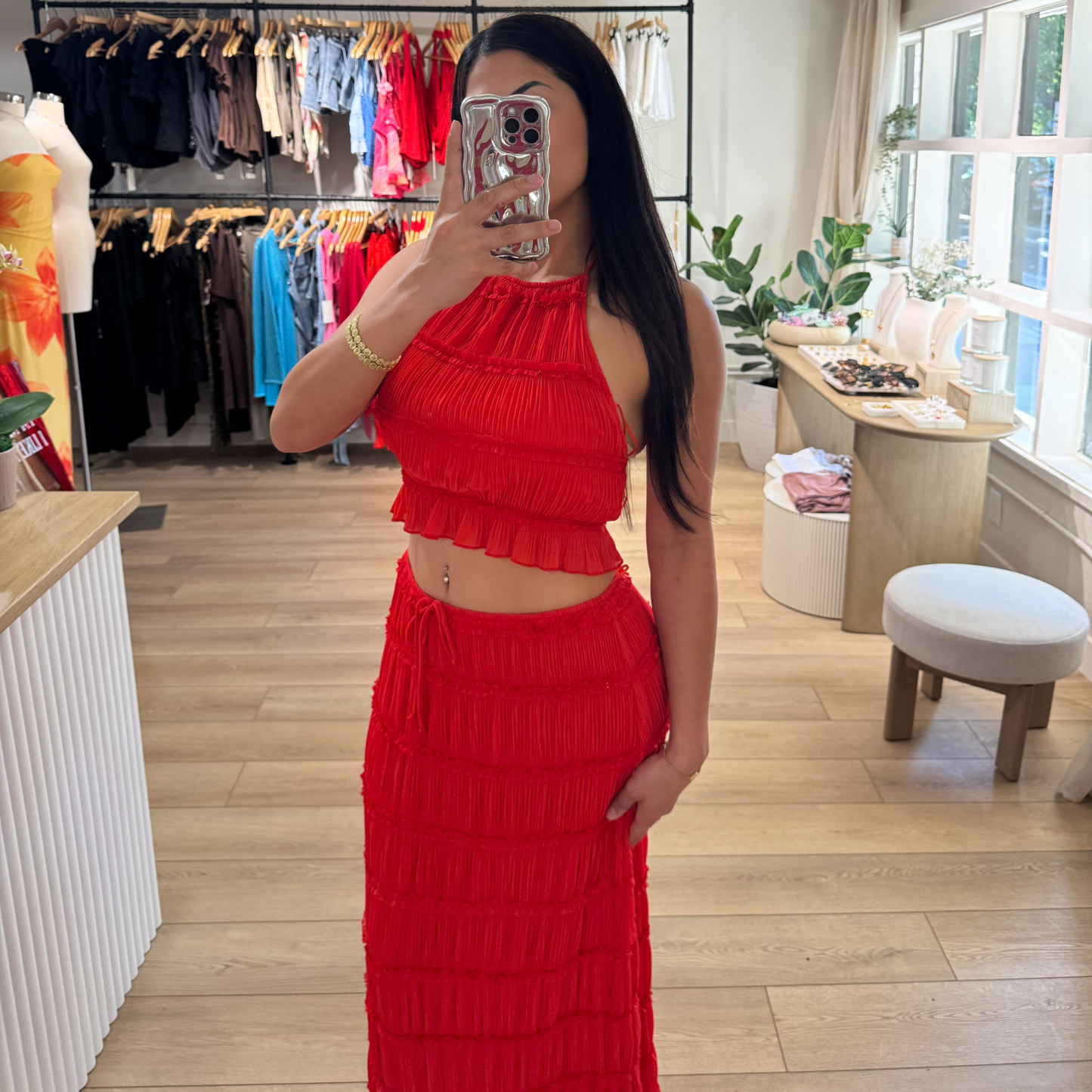 Crinkle Maxi Skirt- Tomato