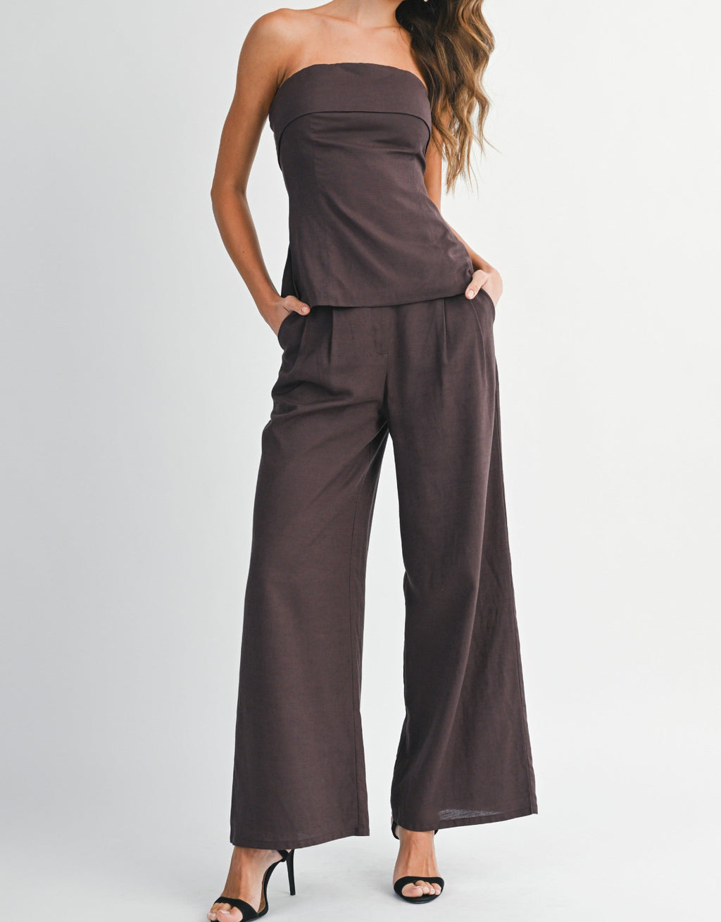 Noa Linen Pant Set- Chocolate