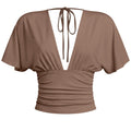 Short Sleeve Plunging V-neckline Top- Taupe