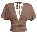 Short Sleeve Plunging V-neckline Top- Taupe