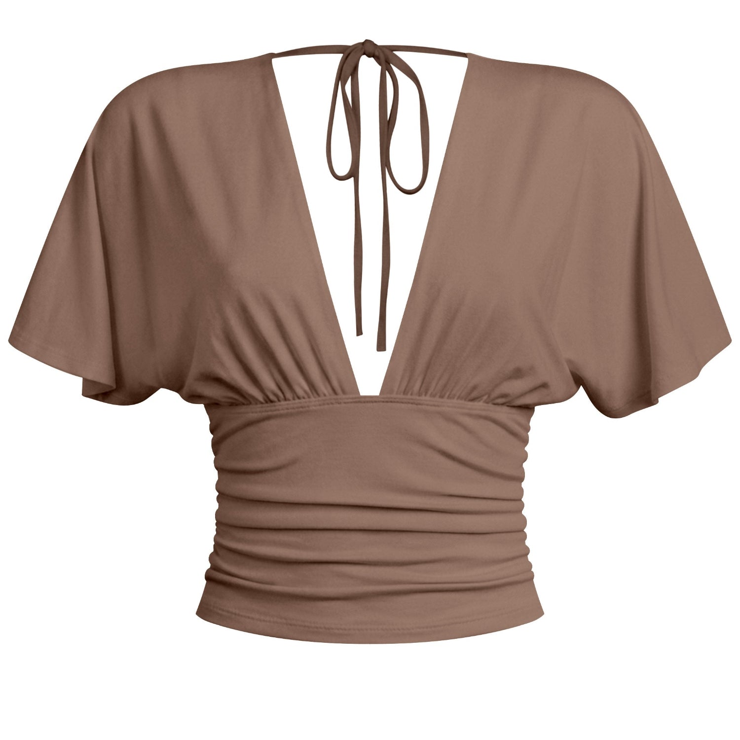 Short Sleeve Plunging V-neckline Top- Taupe