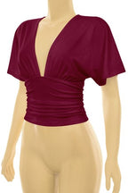 Short Sleeve Plunging V-neckline Top- Burgundy