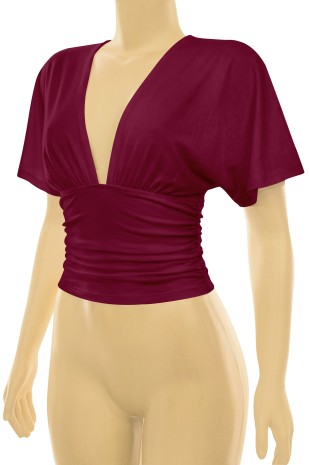 Short Sleeve Plunging V-neckline Top- Burgundy