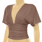 Short Sleeve Plunging V-neckline Top- Taupe