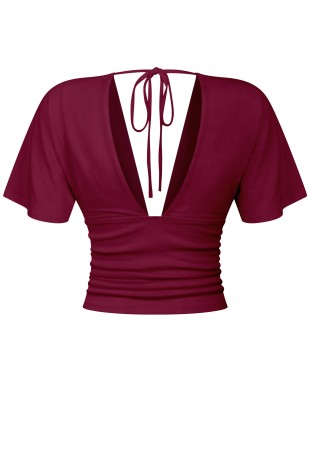 Short Sleeve Plunging V-neckline Top- Burgundy