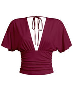Short Sleeve Plunging V-neckline Top- Burgundy