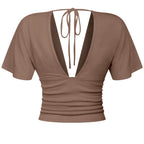 Short Sleeve Plunging V-neckline Top- Taupe
