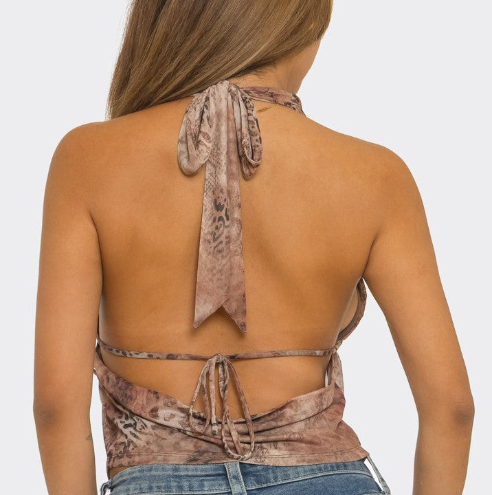 Beaded Halter Top- Brown