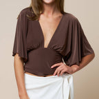 Plunging Bell Sleeve Top- Brown