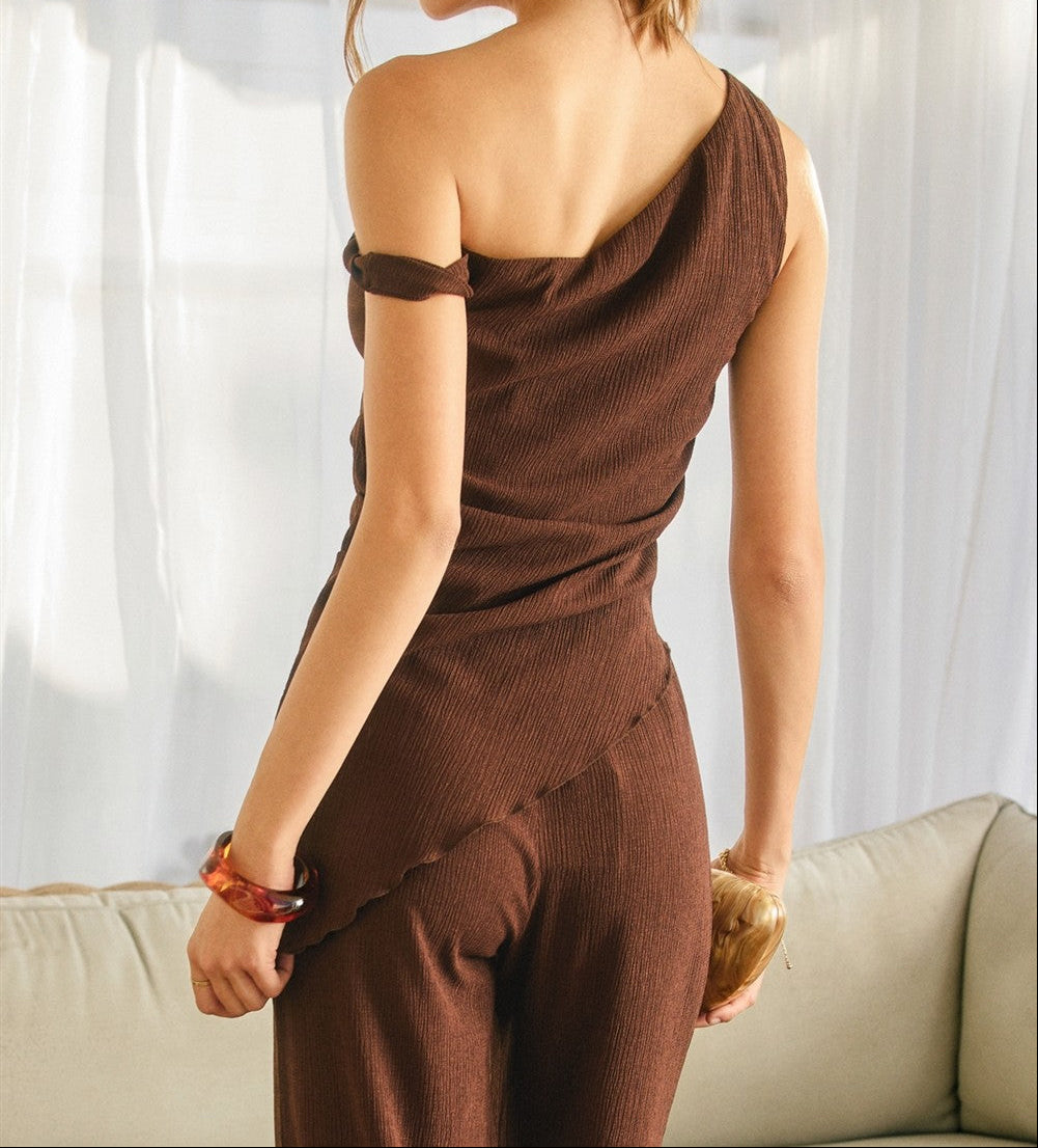 Soft Stretch One Shoulder Asymmetrical Top- Brown