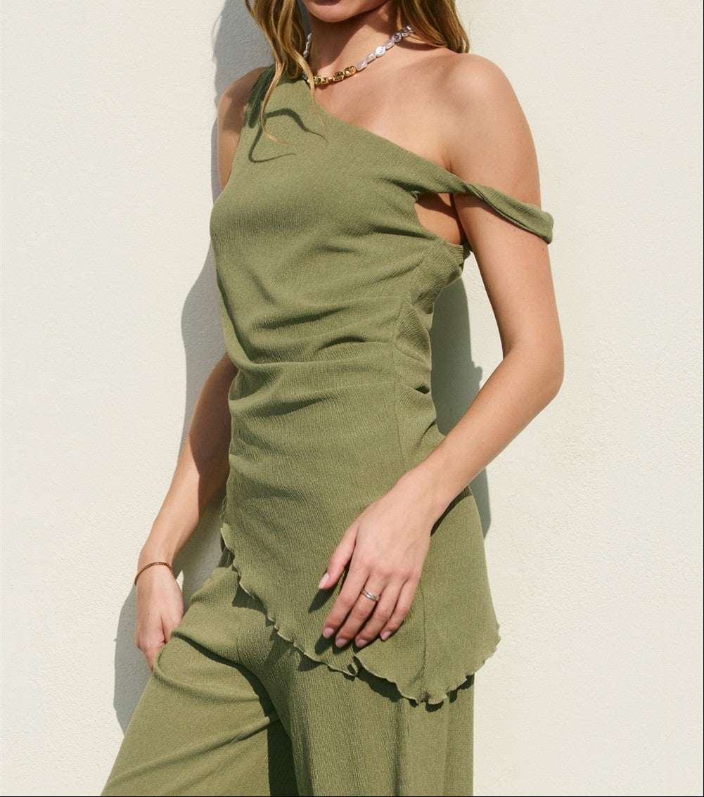 Soft Stretch One Shoulder Asymmetrical Top- Sage