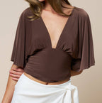 Plunging Bell Sleeve Top- Brown