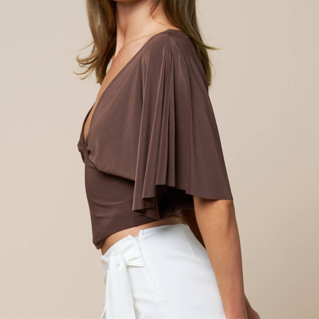 Plunging Bell Sleeve Top- Brown