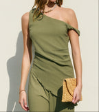 Soft Stretch One Shoulder Asymmetrical Top- Sage