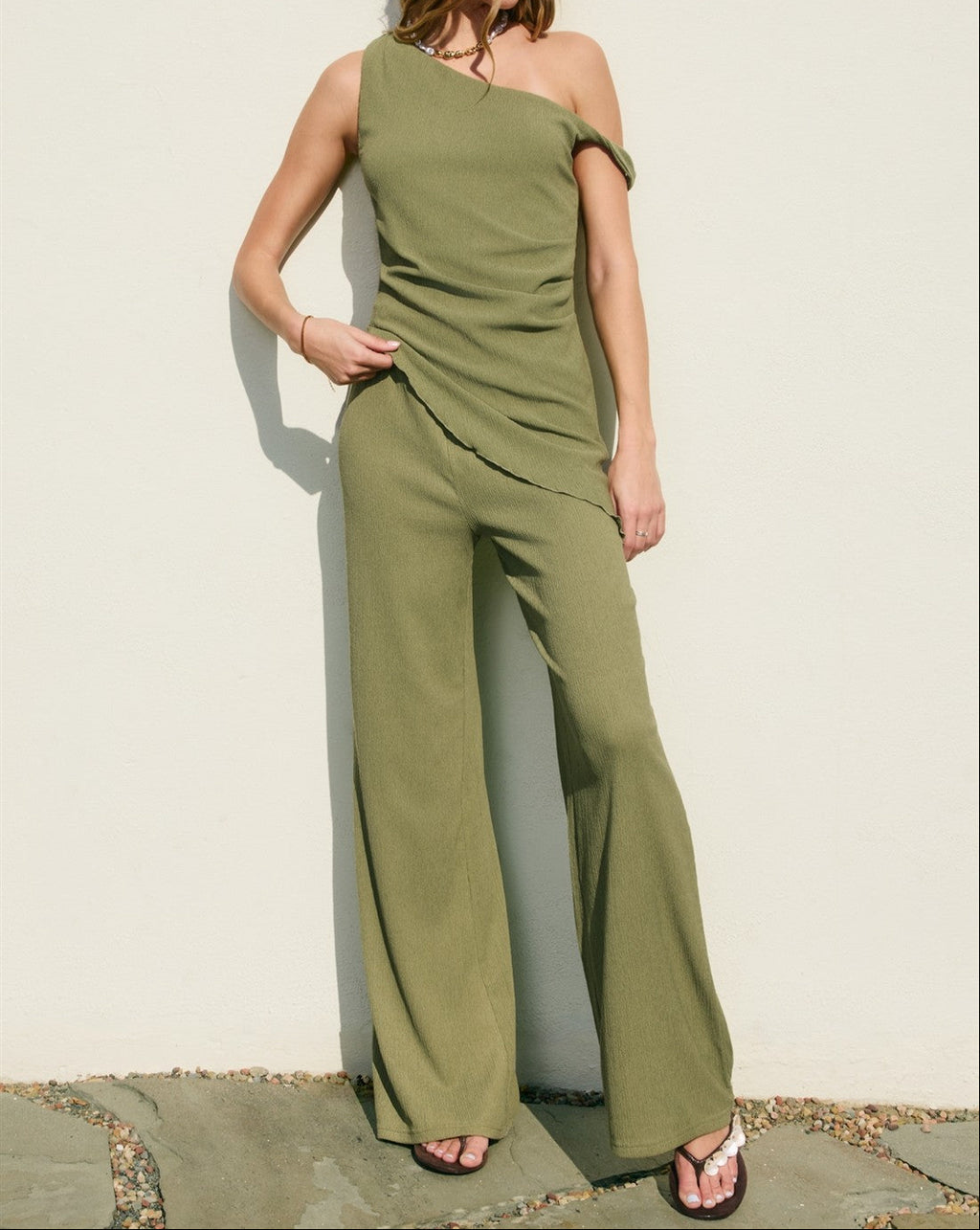 Soft Stretch One Shoulder Asymmetrical Top- Sage