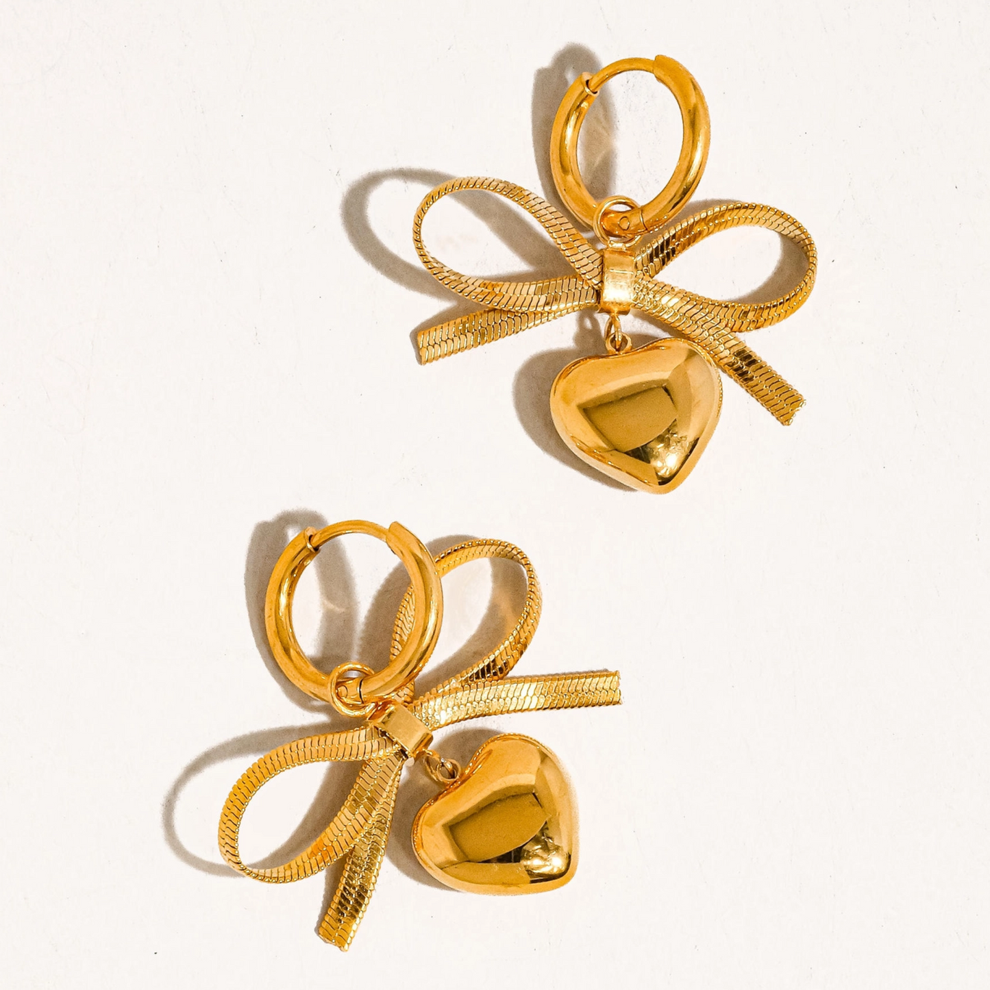 18K Dangle Bow Heart Earrings (FREE OVER $75)