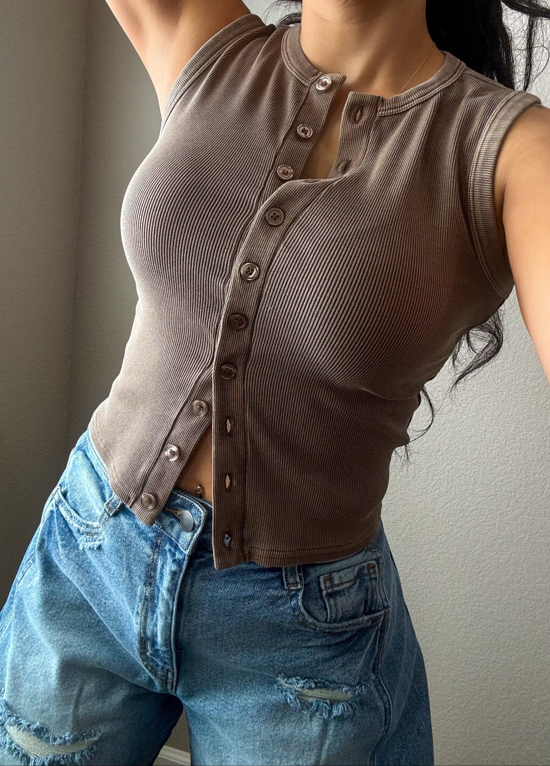 On Repeat Sleeveless Button Up Top- Brown