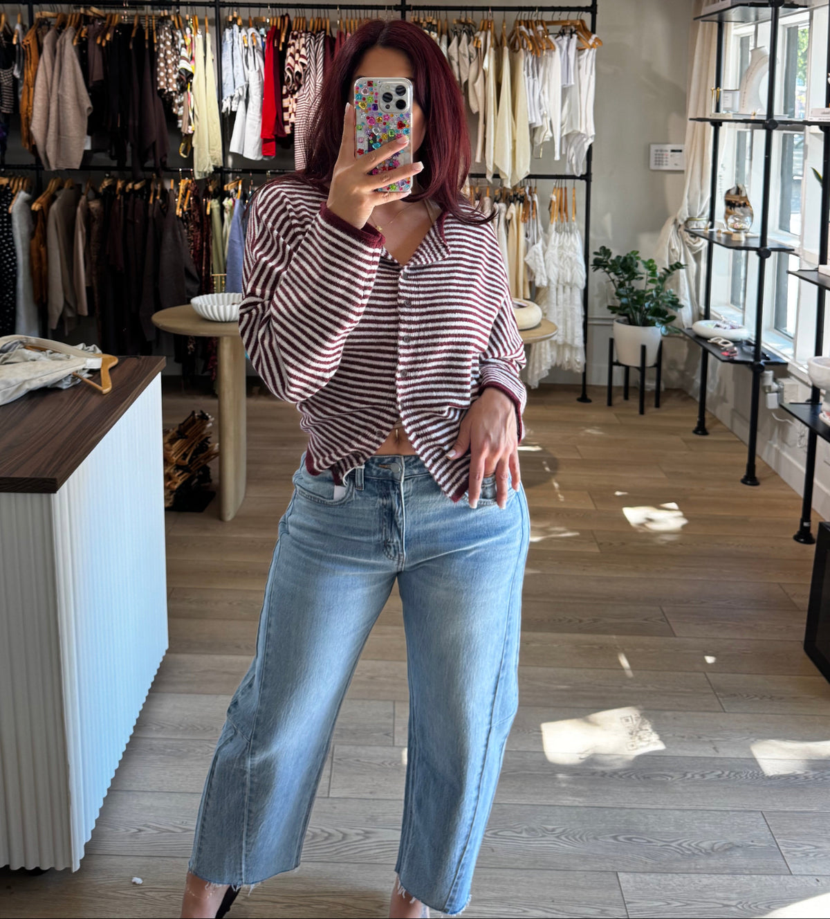 Cider Season Cardigan- Burgundy Stripe