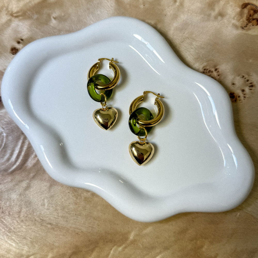 Heart of Gold Dangle Earring - 24K Gold Plated/Green Resin