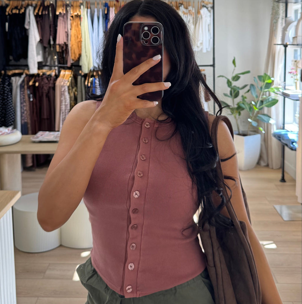 On Repeat Sleeveless Button Up Top