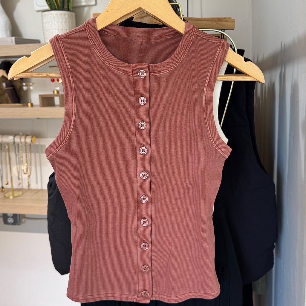 On Repeat Sleeveless Button Up Top