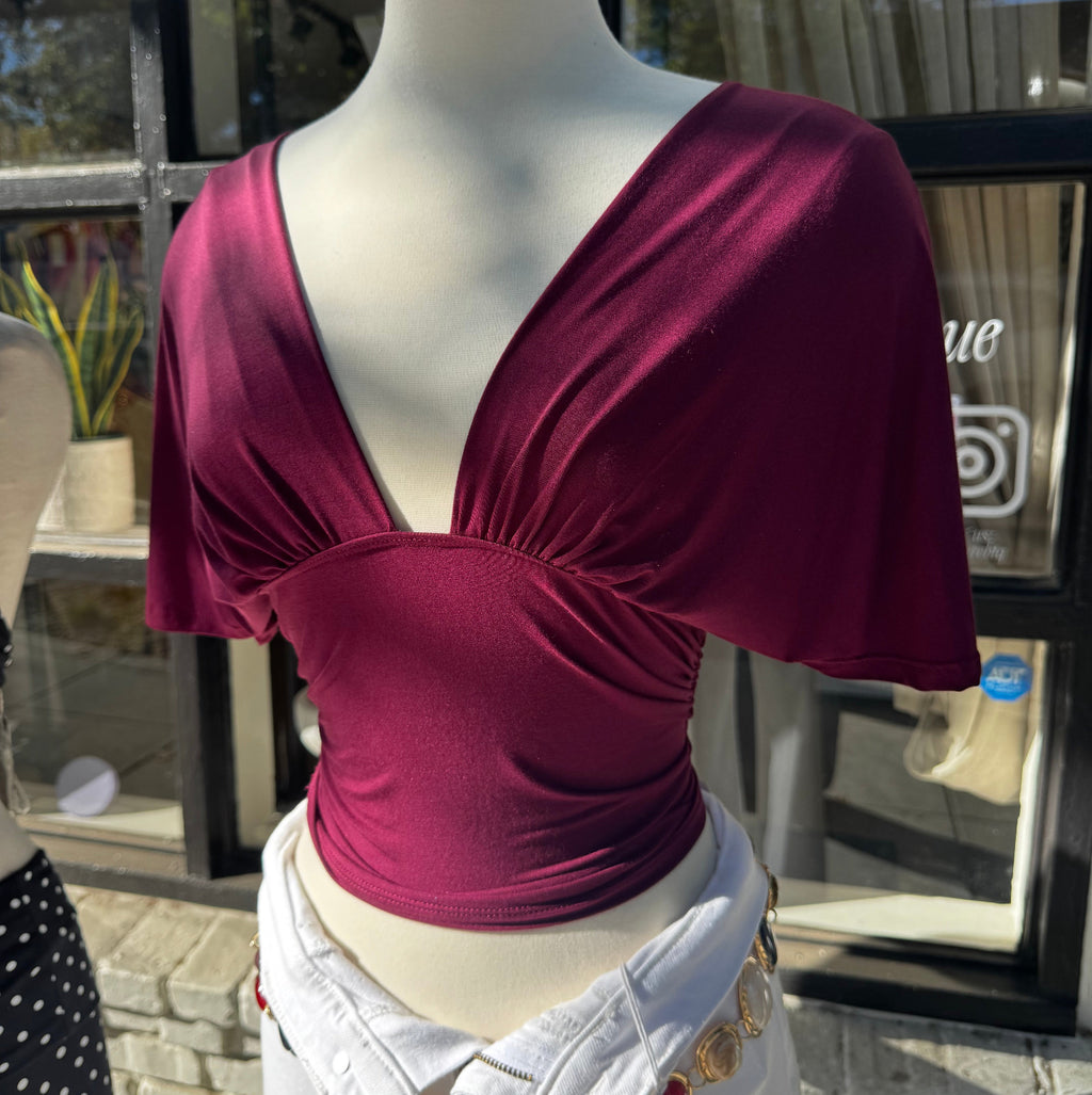 Short Sleeve Plunging V-neckline Top- Burgundy