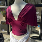 Short Sleeve Plunging V-neckline Top- Burgundy