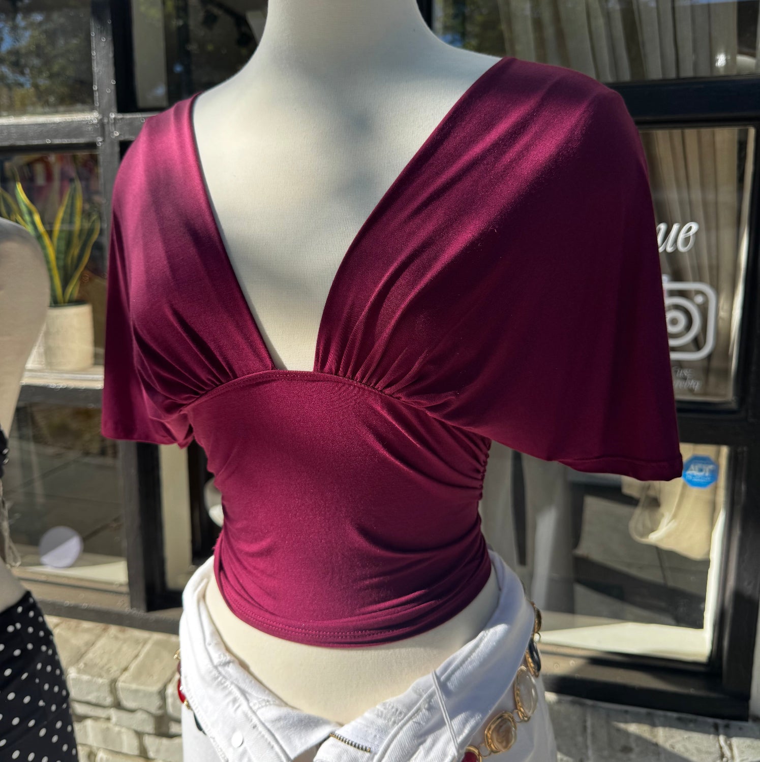 Short Sleeve Plunging V-neckline Top- Burgundy