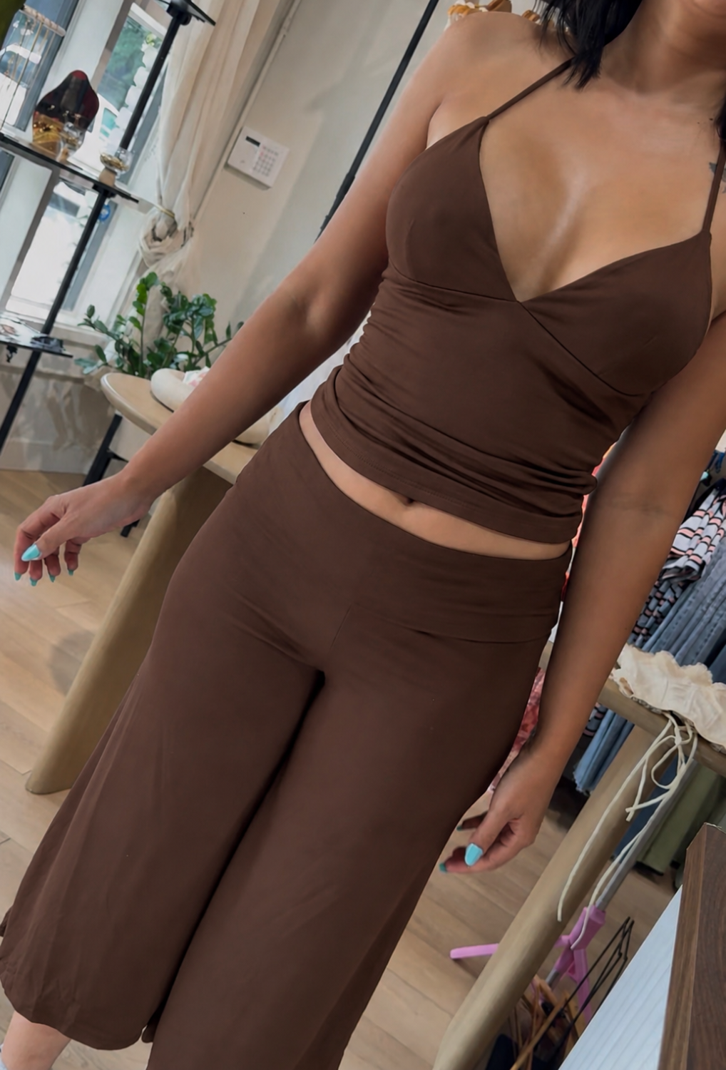 Off Duty Gaucho Pant Set- Brown