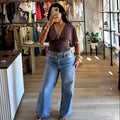 Plunging Bell Sleeve Top- Brown