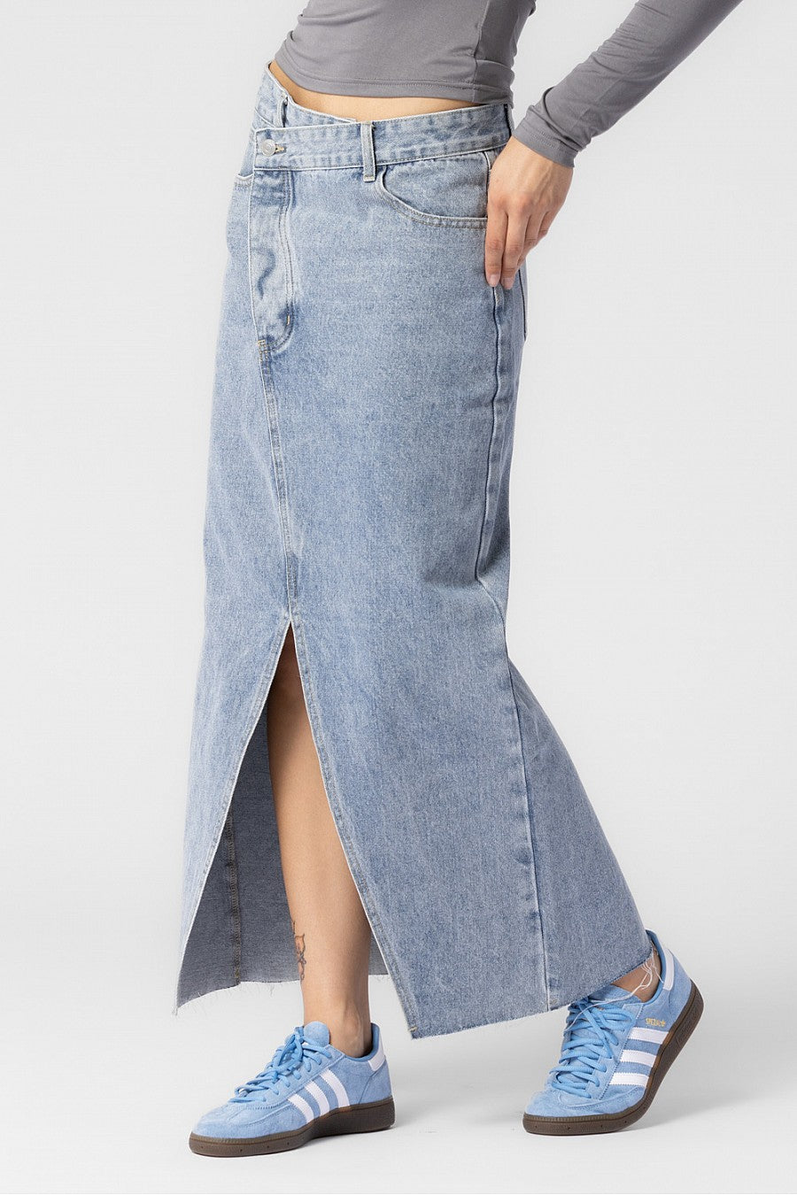 Crossover Denim Maxi Skirt