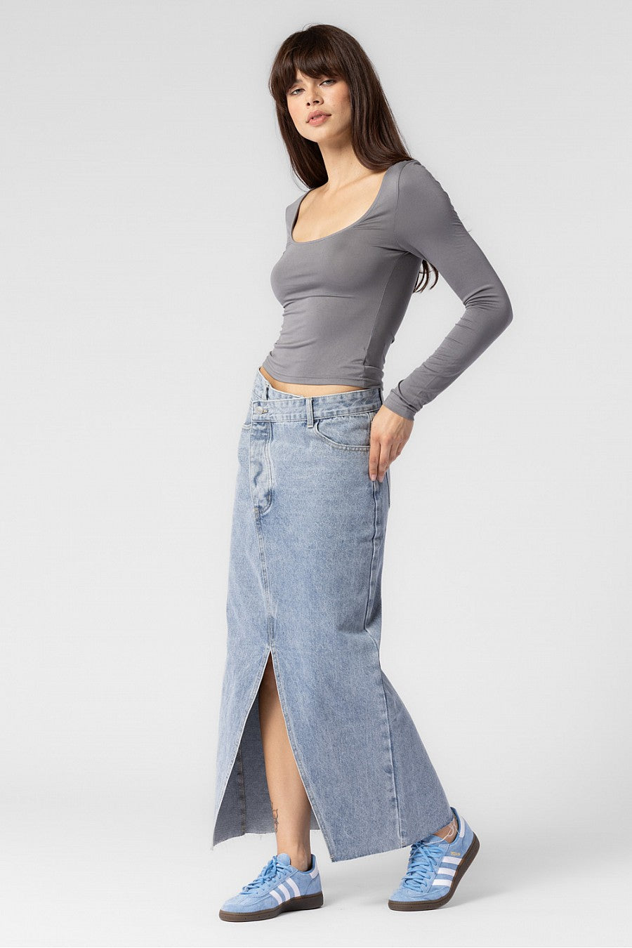 Crossover Denim Maxi Skirt