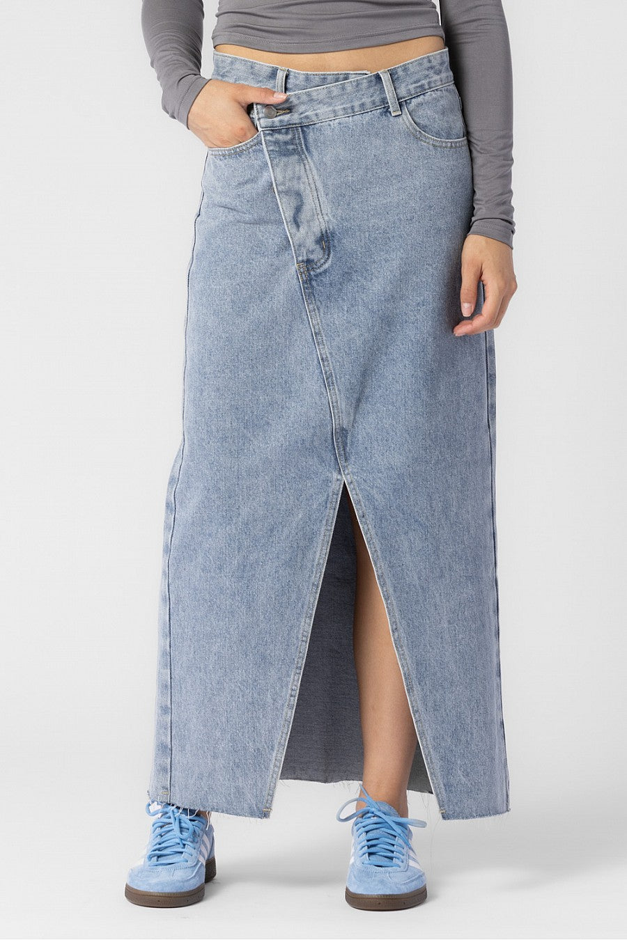 Crossover Denim Maxi Skirt