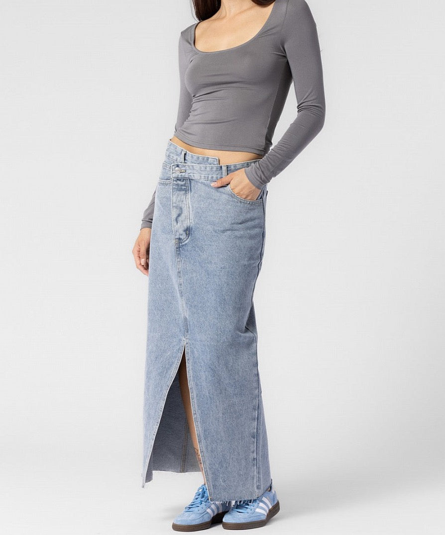 Crossover Denim Maxi Skirt