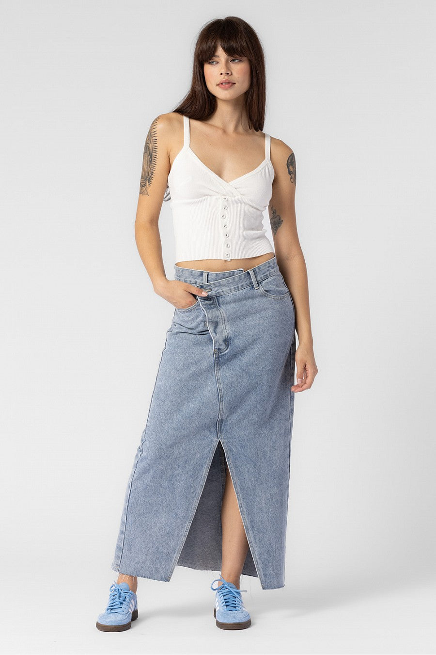 Crossover Denim Maxi Skirt