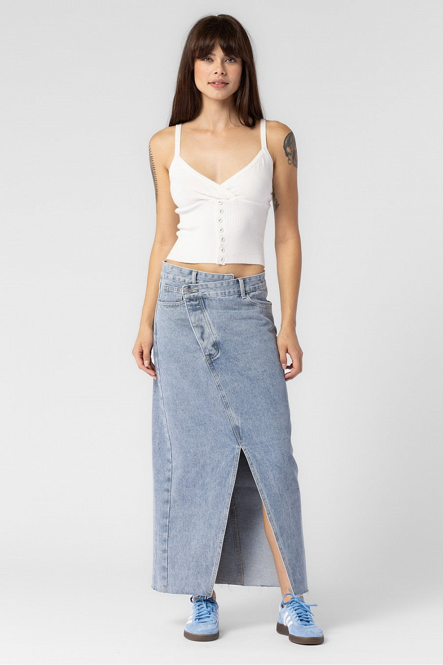 Crossover Denim Maxi Skirt