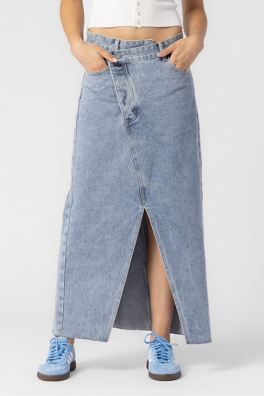 Crossover Denim Maxi Skirt